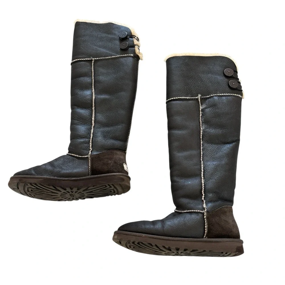 UGG Bailey Button Over the Knee Boots Bomber Brown‎ Leather Eva Shearling Size 7